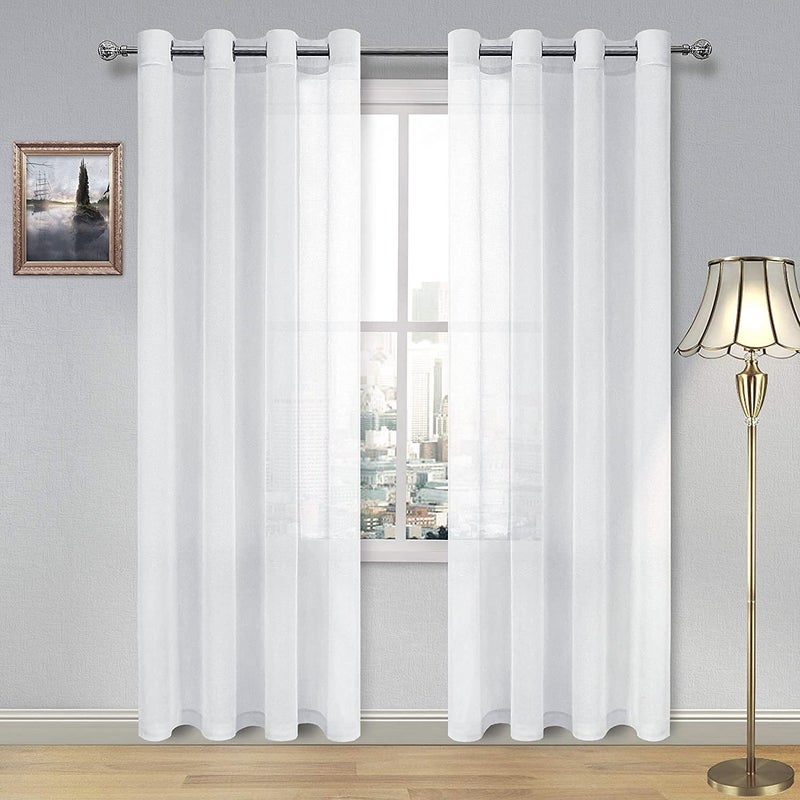 DWCN White Sheer Curtains Linen Look Semi Transparent Voile Grommet White Curtains for Living Dining Room Drapes 52 x 84 Inch Long, Set of 2 Panels - Image 1